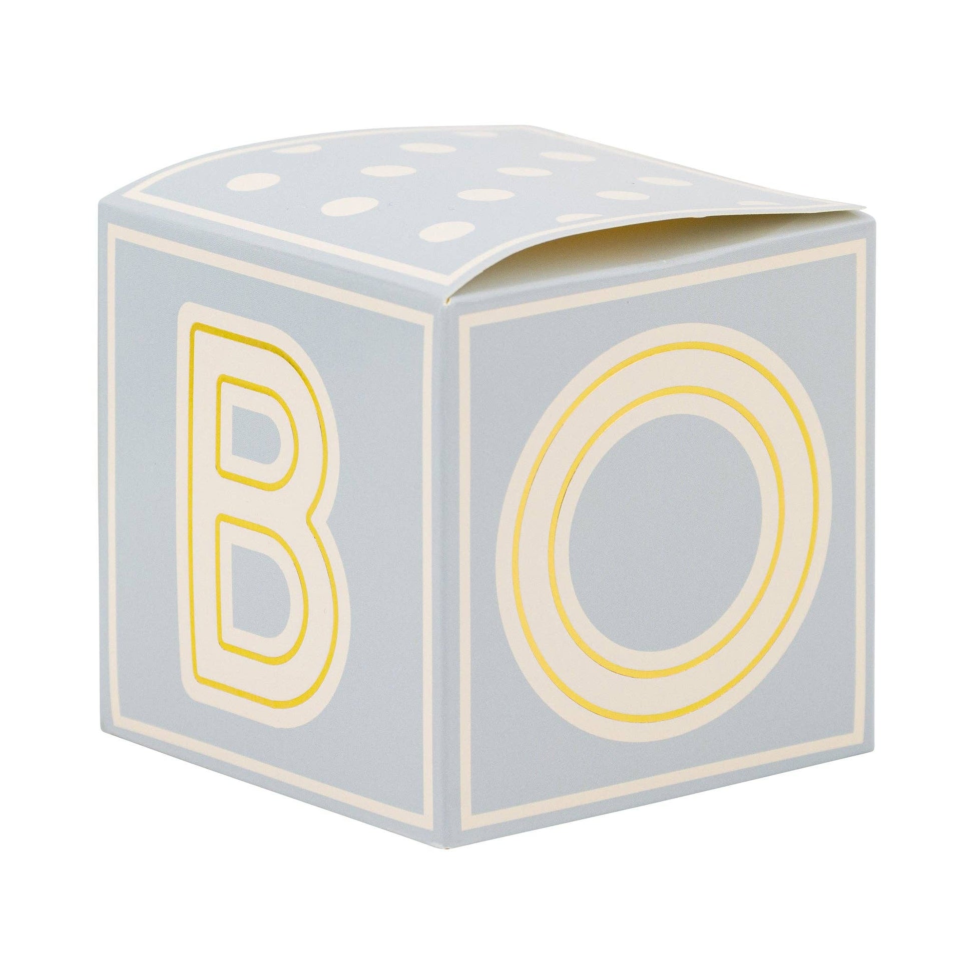 Blue paper party favor box shaped like a baby block with 'B' and 'O' shown.
