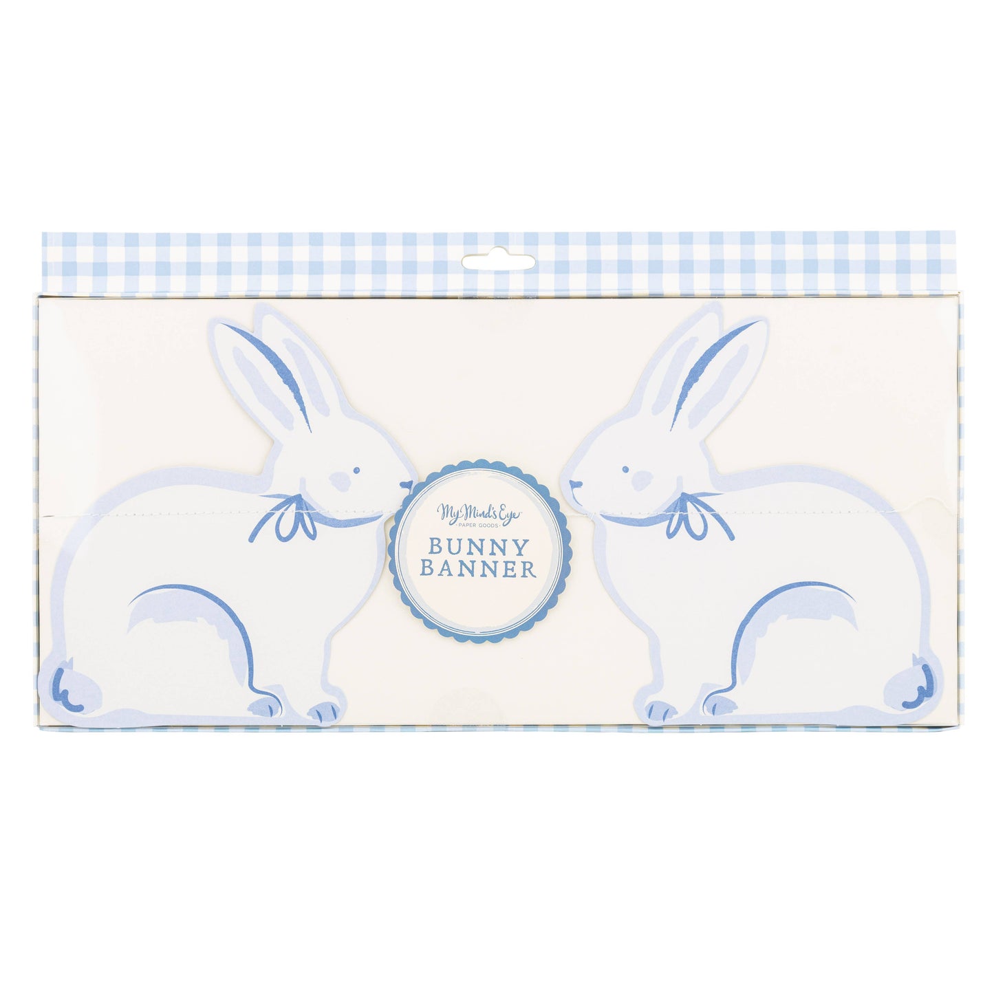 Blue & Cream bunny banner with gingham packaging on a white background.