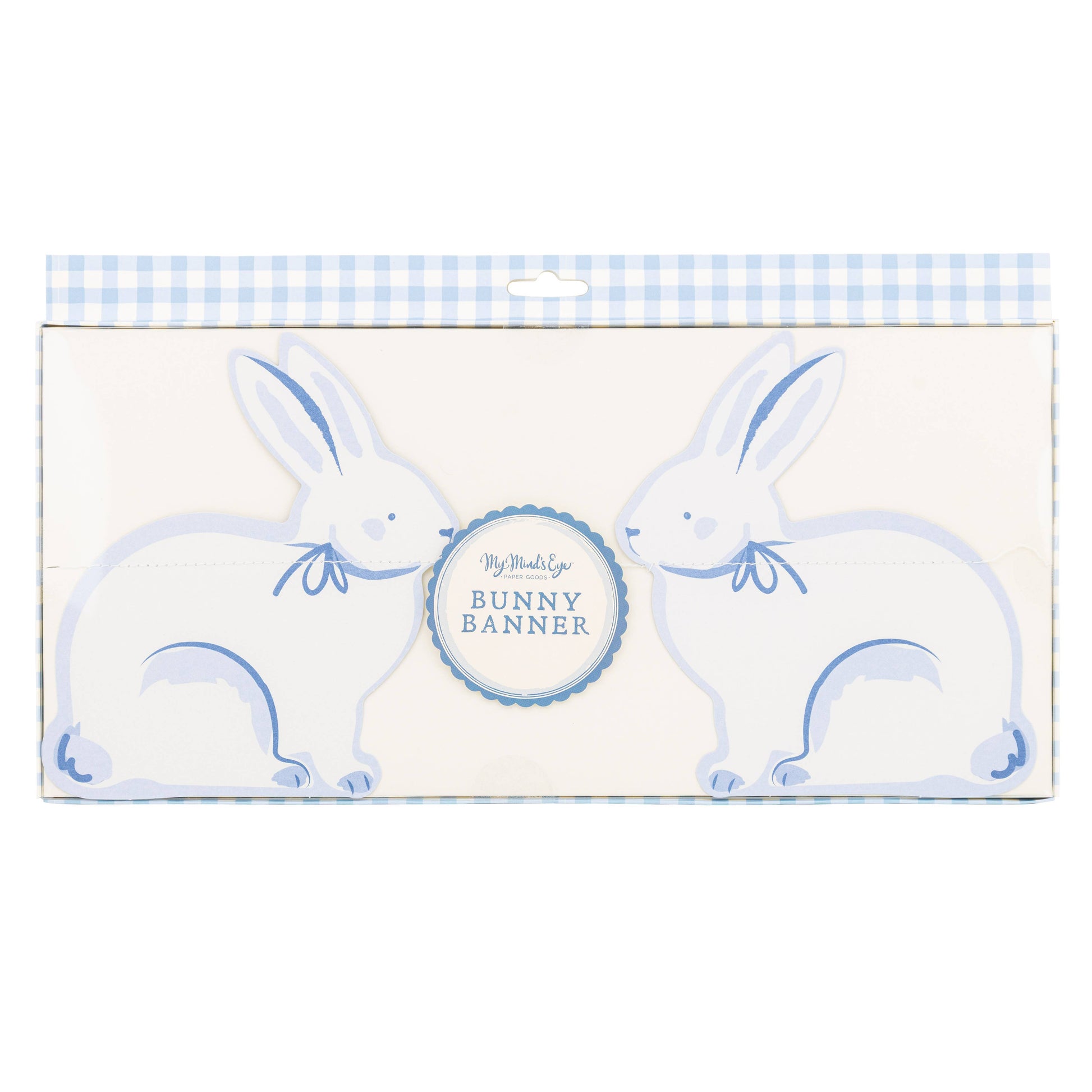 Blue & Cream bunny banner with gingham packaging on a white background.