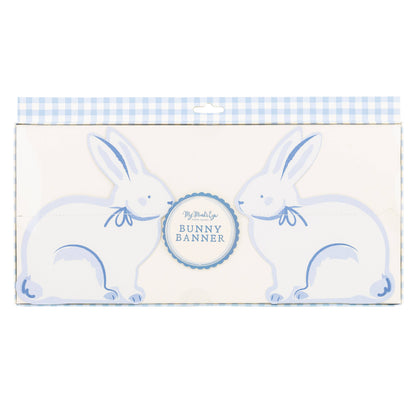 Blue & Cream bunny banner with gingham packaging on a white background.