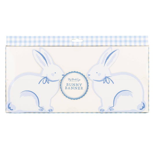 Blue & Cream bunny banner with gingham packaging on a white background.