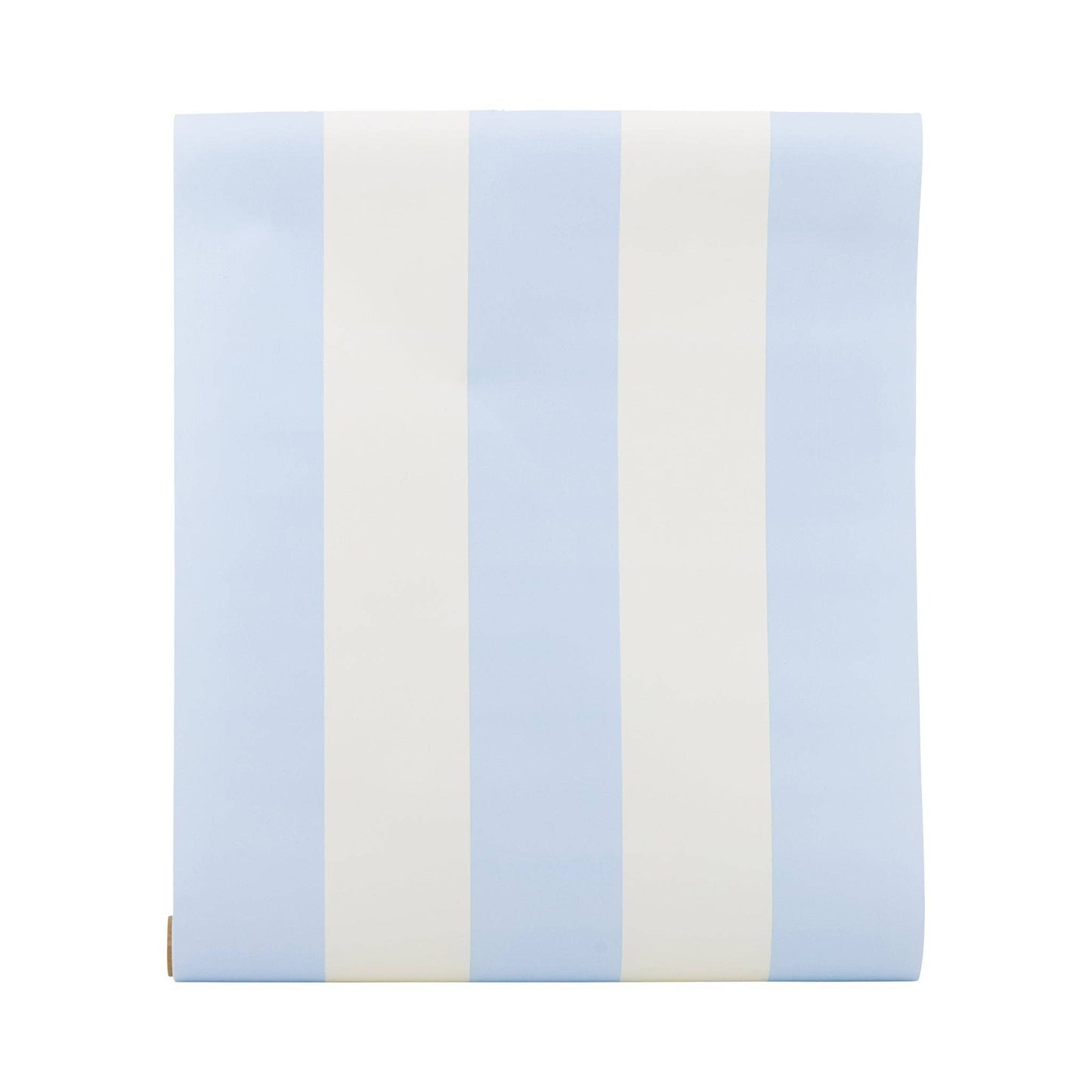 Paper table runner with cabana stripes in light blue and white on a white background.