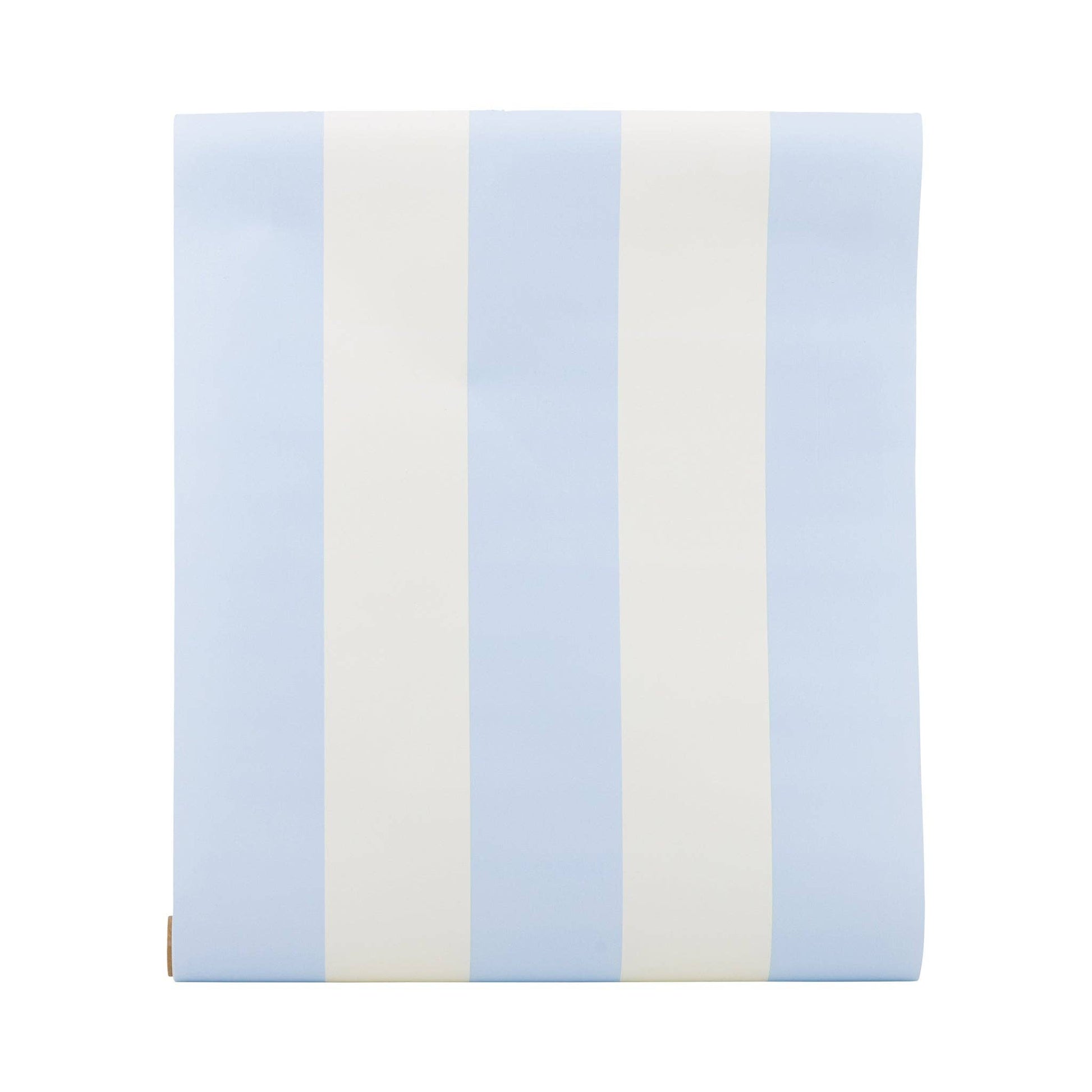 Paper table runner with cabana stripes in light blue and white on a white background.