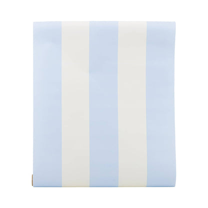 Paper table runner with cabana stripes in light blue and white on a white background.