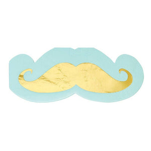 Light blue die cut mustache party napkin featuring a gold foil mustache.