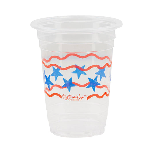 Clear plastic cup with red and blue star pattern on a white background