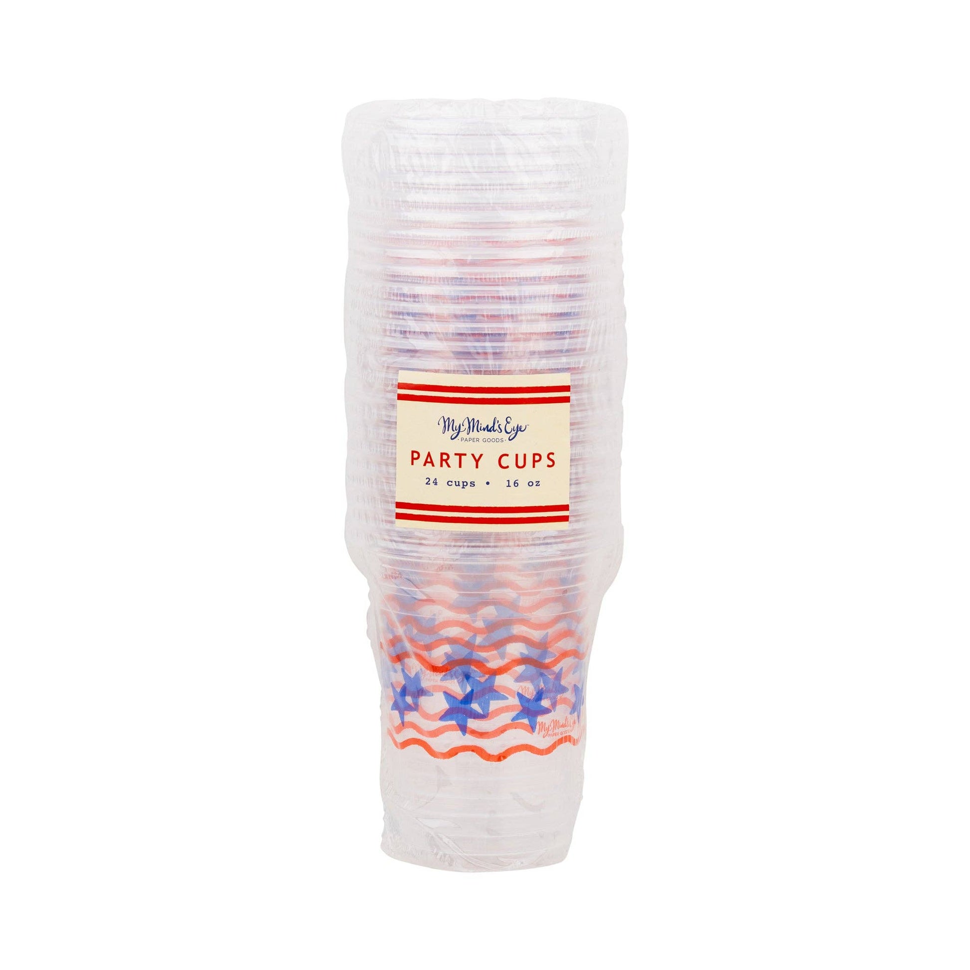 Stack of clear plastic party cups with star design and 'My Mind's Eye' label on a white background