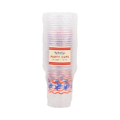 Stack of clear plastic party cups with star design and 'My Mind's Eye' label on a white background