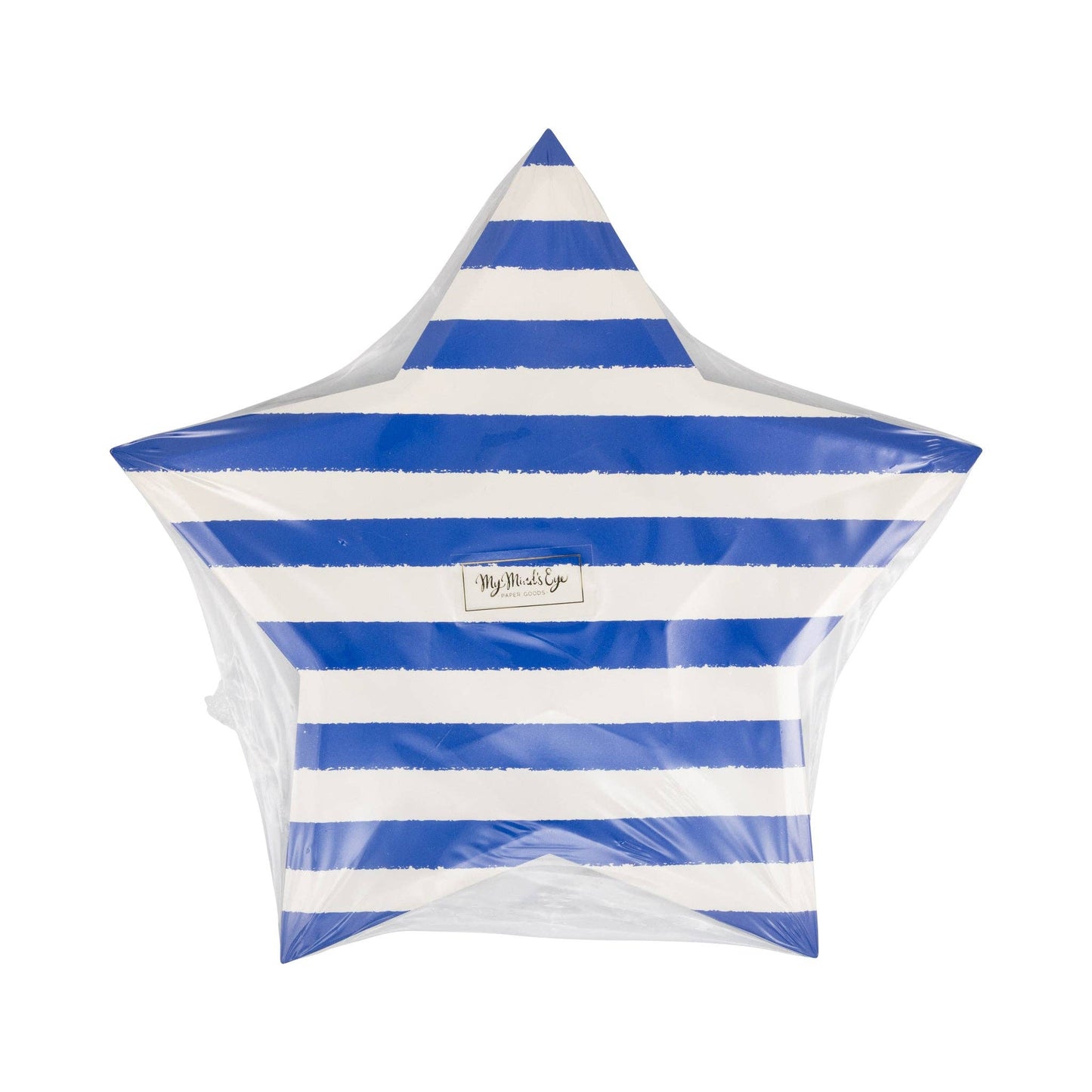 Blue and white striped star-shaped plates in clear packaging on a white background