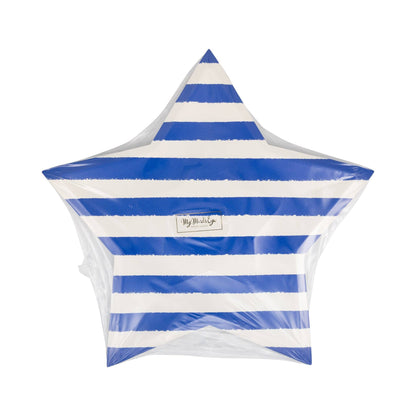 Blue and white striped star-shaped plates in clear packaging on a white background