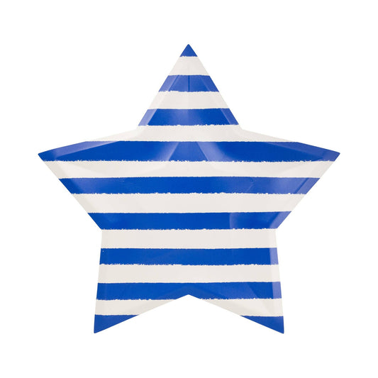 Star-shaped paper plate with blue and white stripes on a white background