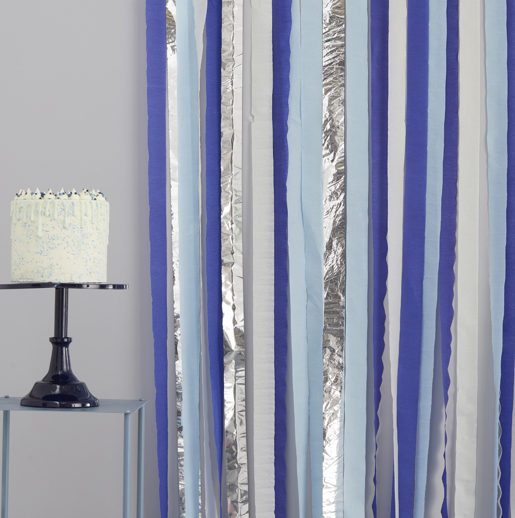 Blue and Silver Streamer Party Backdrop