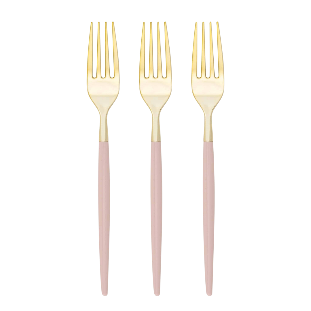 Three blush & gold full-size plastic forks with light pink handles, arranged vertically side-by-side on a solid white background.
