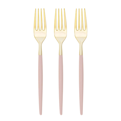 Three blush & gold full-size plastic forks with light pink handles, arranged vertically side-by-side on a solid white background.