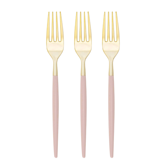 Three blush & gold full-size plastic forks with light pink handles, arranged vertically side-by-side on a solid white background.