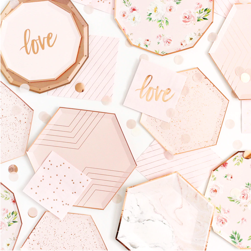 Blush & Rose Gold Decagon Floral Paper Party Plates - 8pk