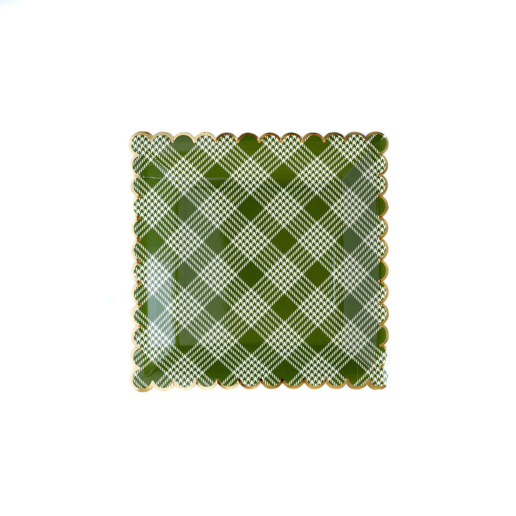 Botanical Green and White Plaid 9" Square Paper Party Plate with Gold Foil Scalloped Edges.