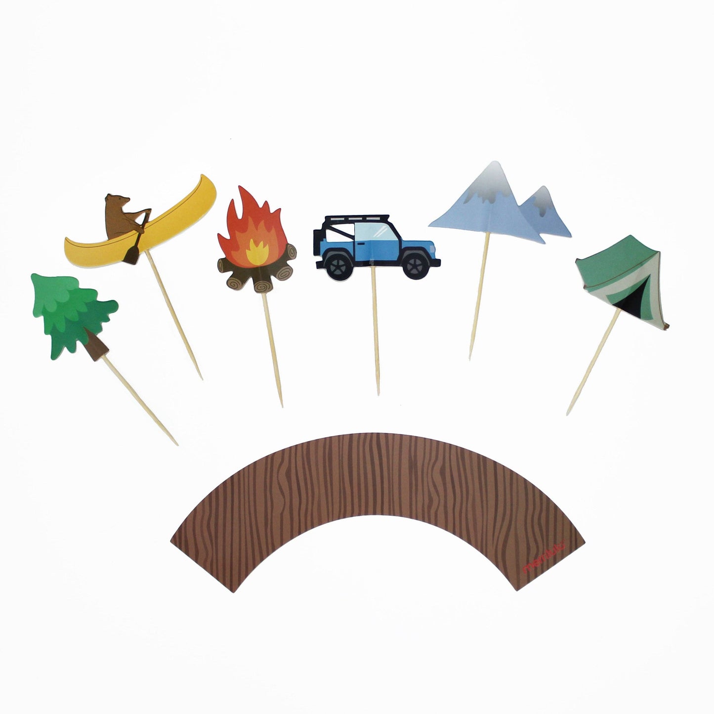 A set of cupcake toppers in various shapes including a bear, a campfire, a car, and mountains, along with cupcake wrappers that mimic a wood grain pattern.