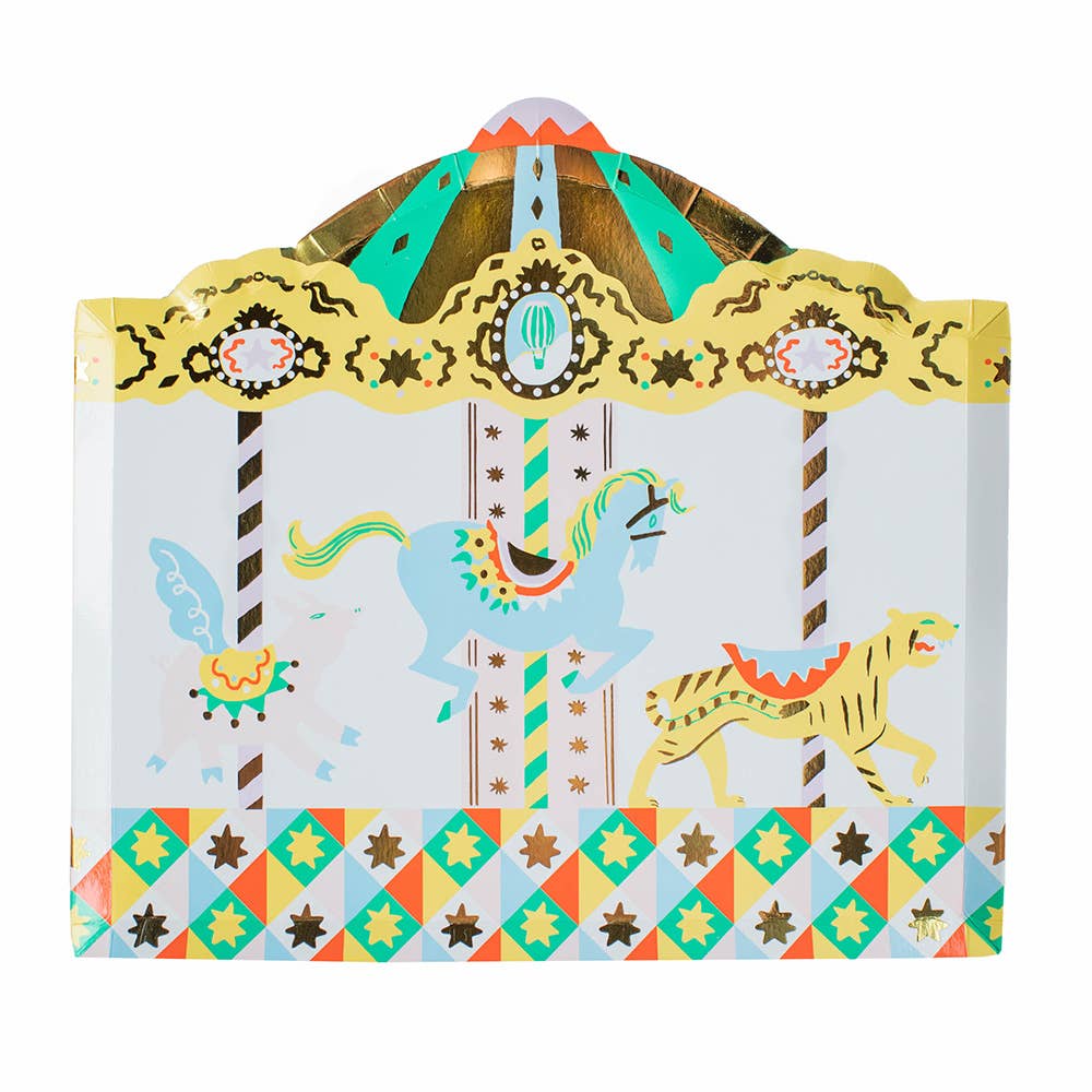 A large paper plate with a carnival carousel design featuring colorful illustrations and gold foil details.