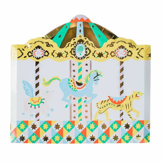 A large paper plate with a carnival carousel design featuring colorful illustrations and gold foil details.