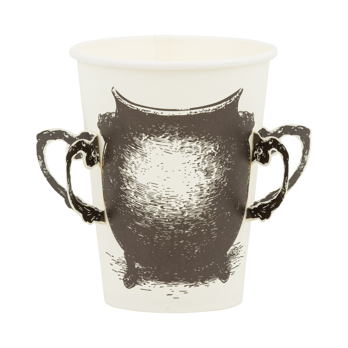 White paper cup with black witches' cauldron design on a white background