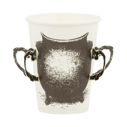White paper cup with black witches' cauldron design on a white background