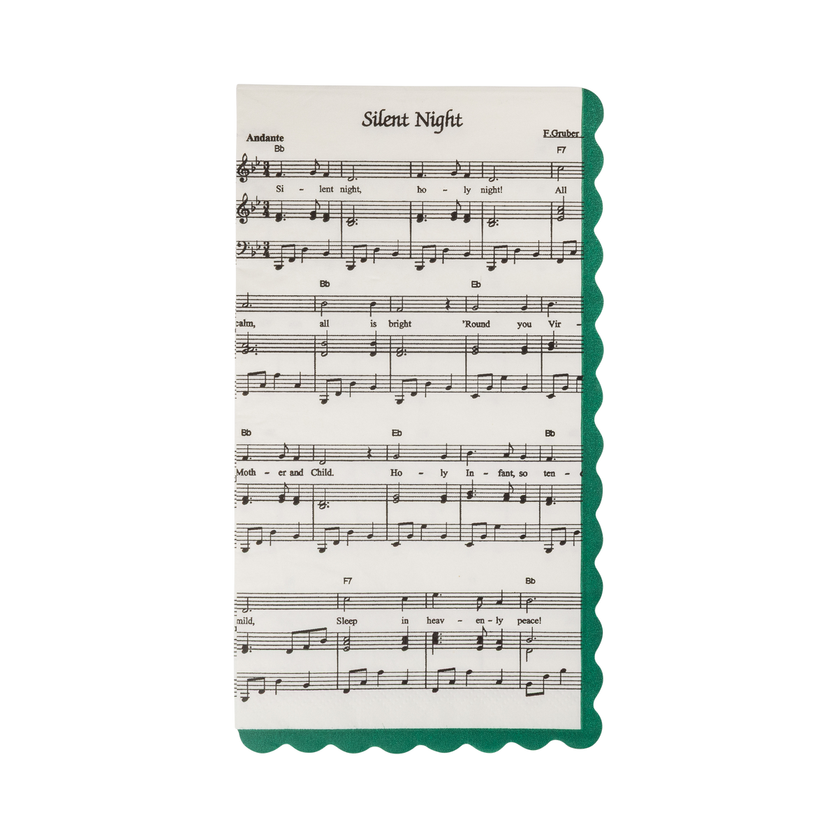 A paper napkin resembling sheet music print for the song 'Silent Night' in C major, featuring musical notation and lyrics, with a decorative green scalloped border on the right side, shown on a plain white background.