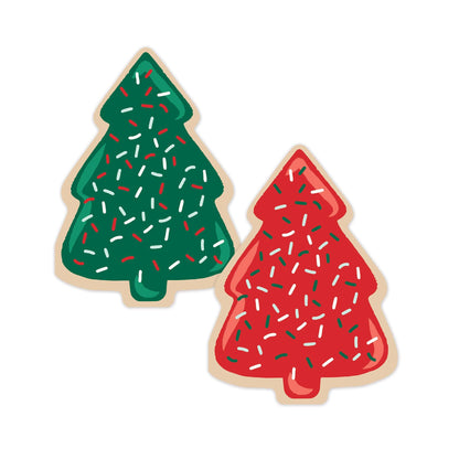 Two Christmas tree cookie-shaped paper napkins with sprinkles.