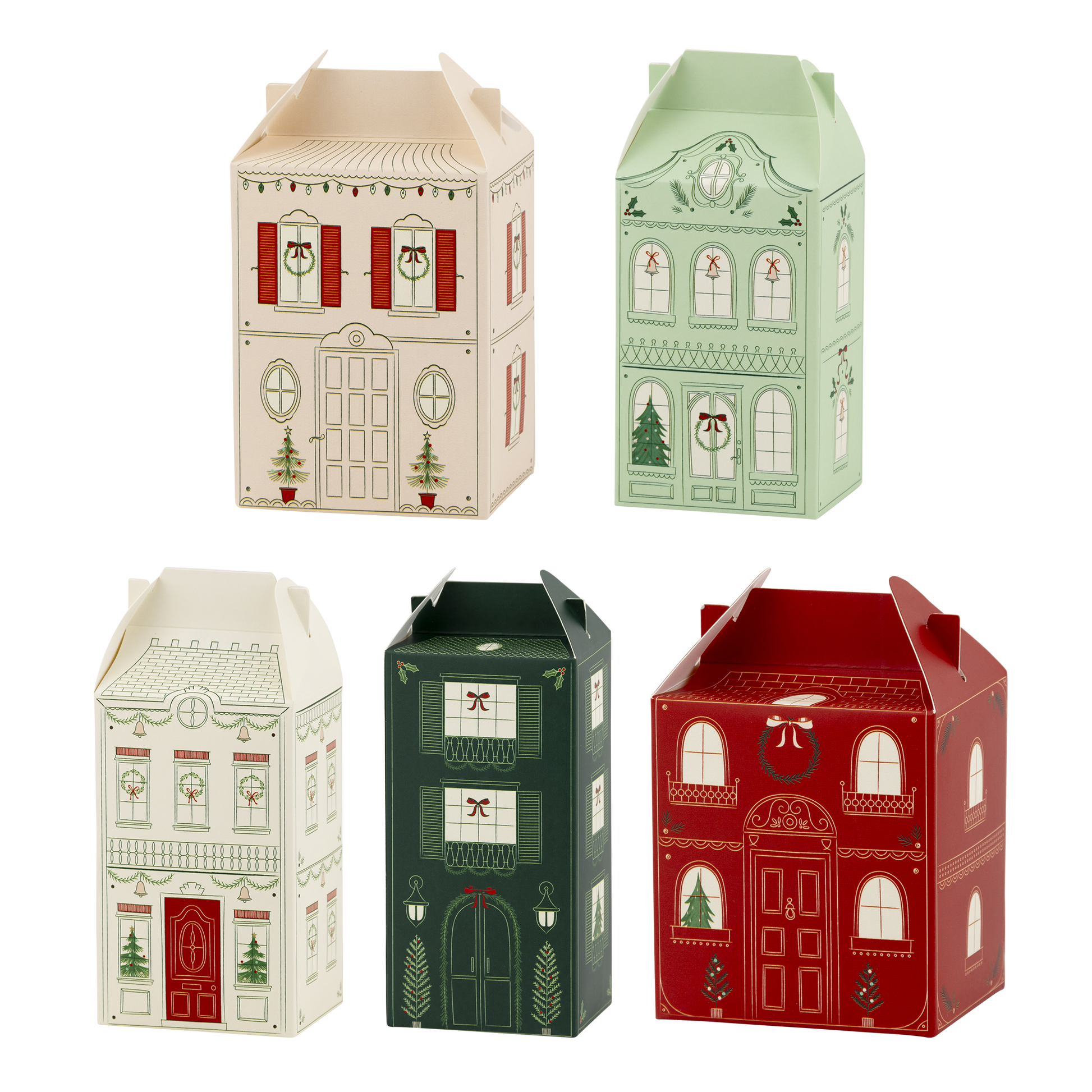 A set of five Christmas-themed treat boxes in various colors, each designed to look like a house with decorative details such as wreaths, trees, and windows.