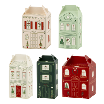 A set of five Christmas-themed treat boxes in various colors, each designed to look like a house with decorative details such as wreaths, trees, and windows.