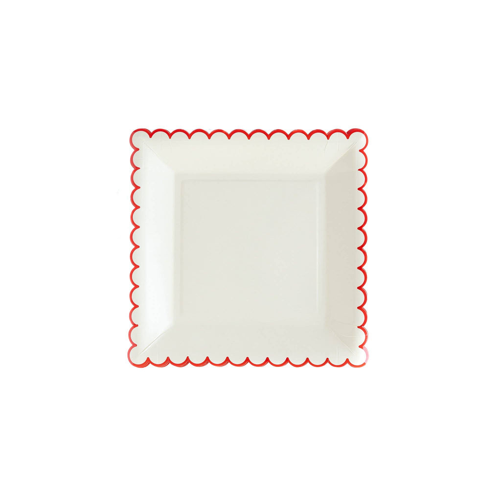 Christmas Believe 9" Square White Paper Party Plate with Red Scalloped Edges. 