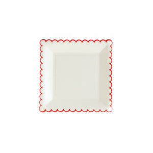 Christmas Believe 9" Square White Paper Party Plate with Red Scalloped Edges. 