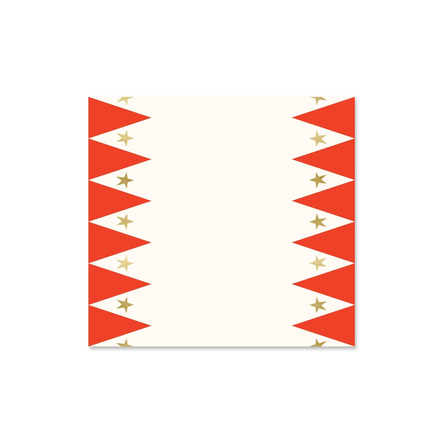 Paper table runner with a carnival print, featuring gold foil stars, in red and white colors.