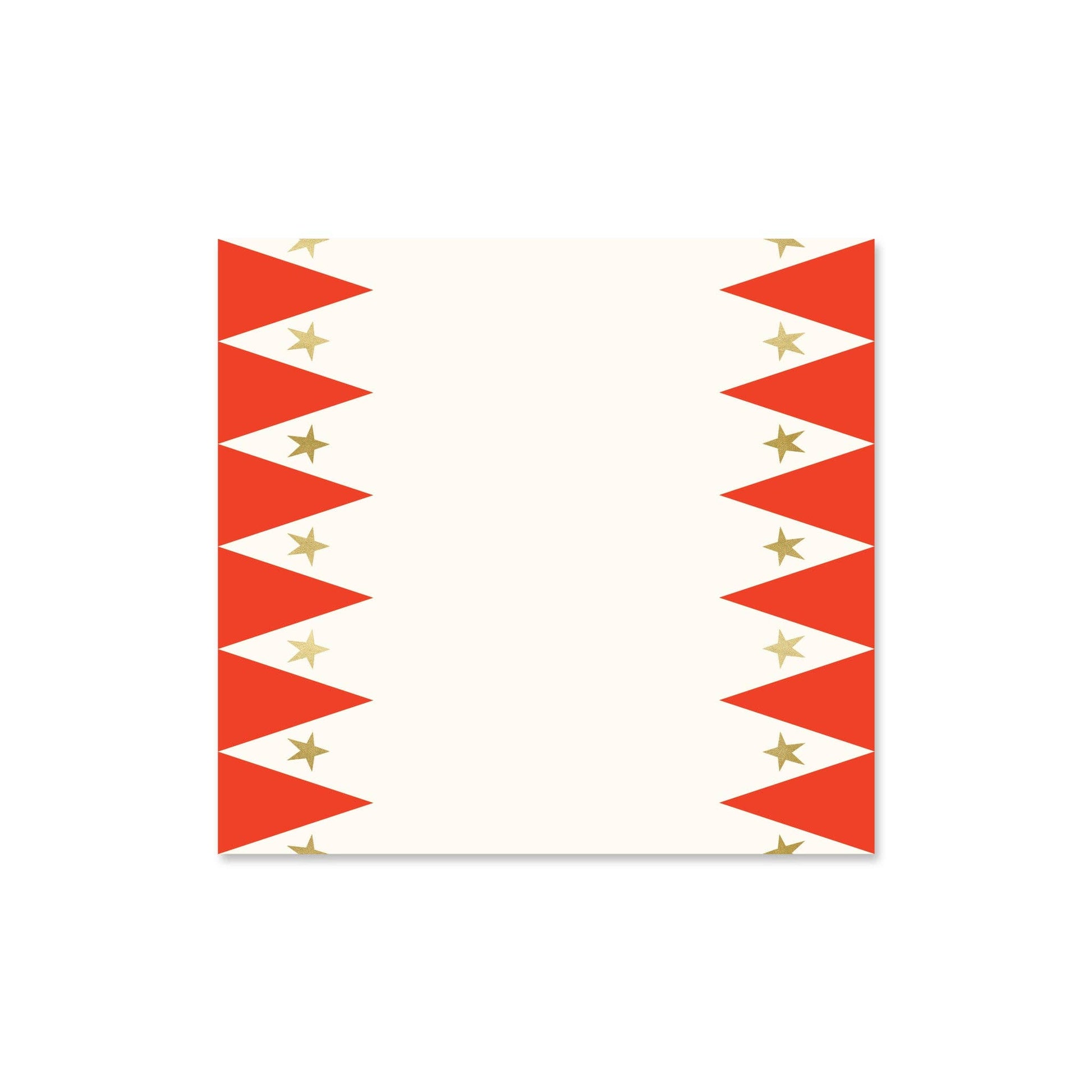 Paper table runner with a carnival print, featuring gold foil stars, in red and white colors.