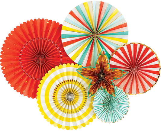 A set of colorful party fans with gold foil accents, including five round fans and one star-shaped fan.