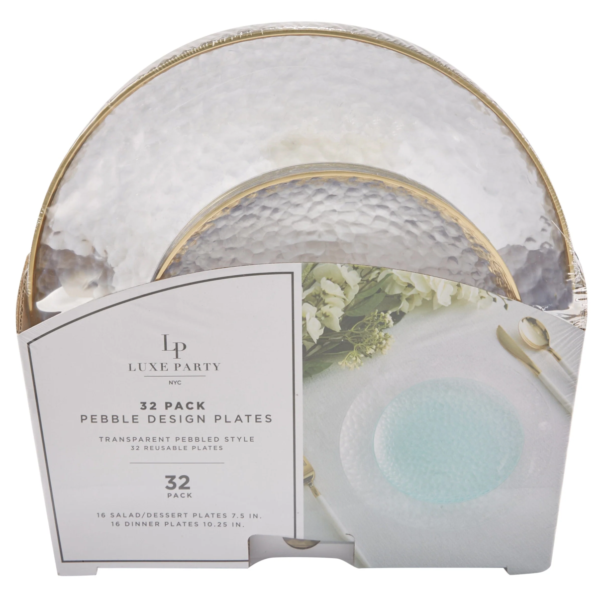Packaging for a 32-piece set of clear plastic dinner and salad plates with gold pebble design detailing.