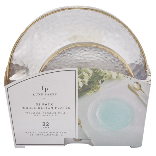 Packaging for a 32-piece set of clear plastic dinner and salad plates with gold pebble design detailing.