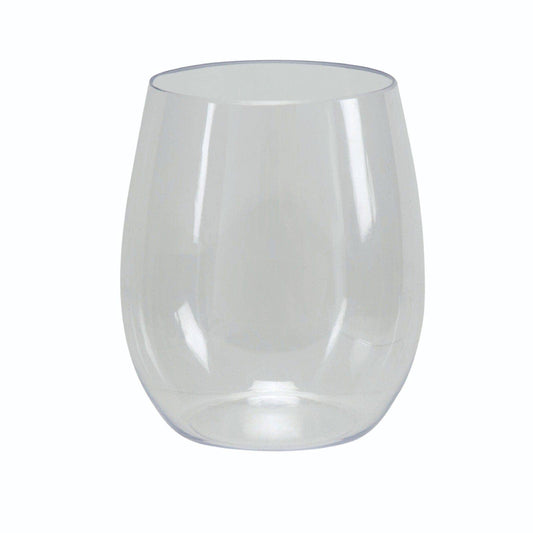 A single clear round plastic stemless cup.