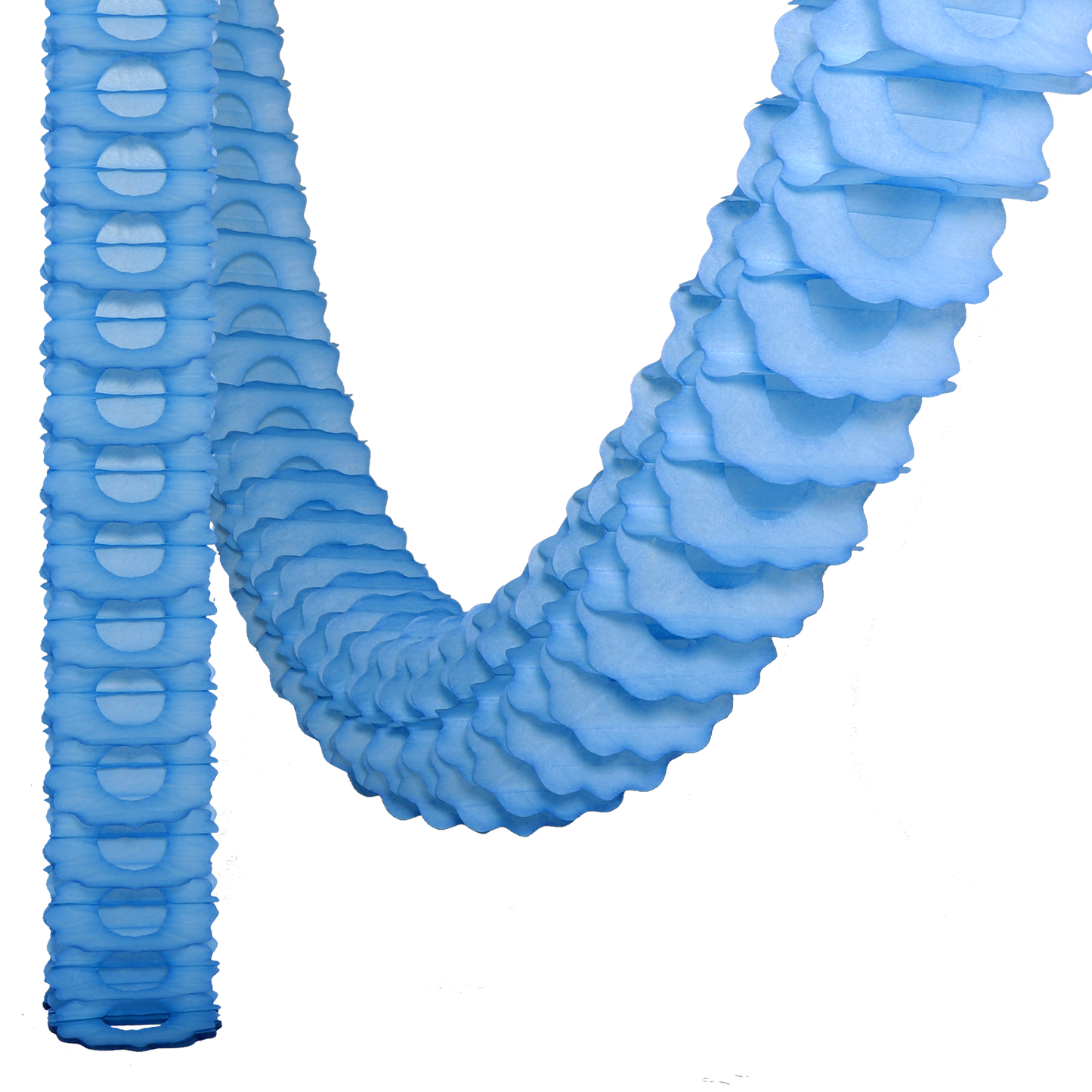 A soft, cornflower blue paper garland decoration with a wavy pattern.