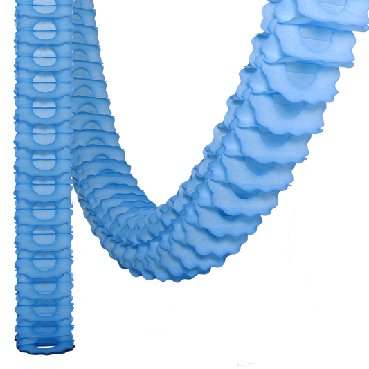 A soft, cornflower blue paper garland decoration with a wavy pattern.