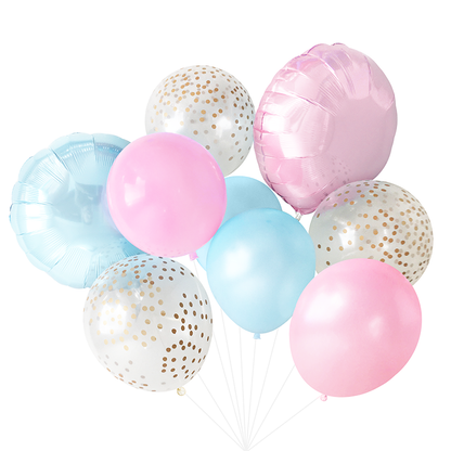 Assorted pastel balloons including pink, blue, and clear with gold confetti on a white background.