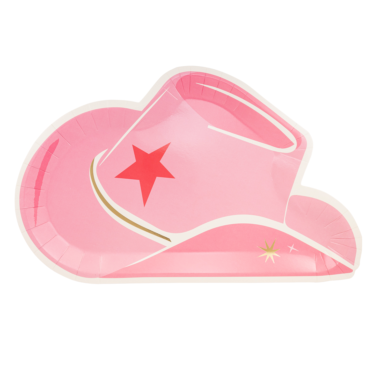 A pink paper plate designed to resemble a cowgirl hat with a red star detail.