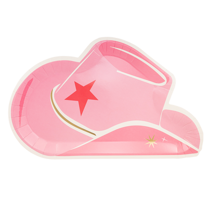 A pink paper plate designed to resemble a cowgirl hat with a red star detail.