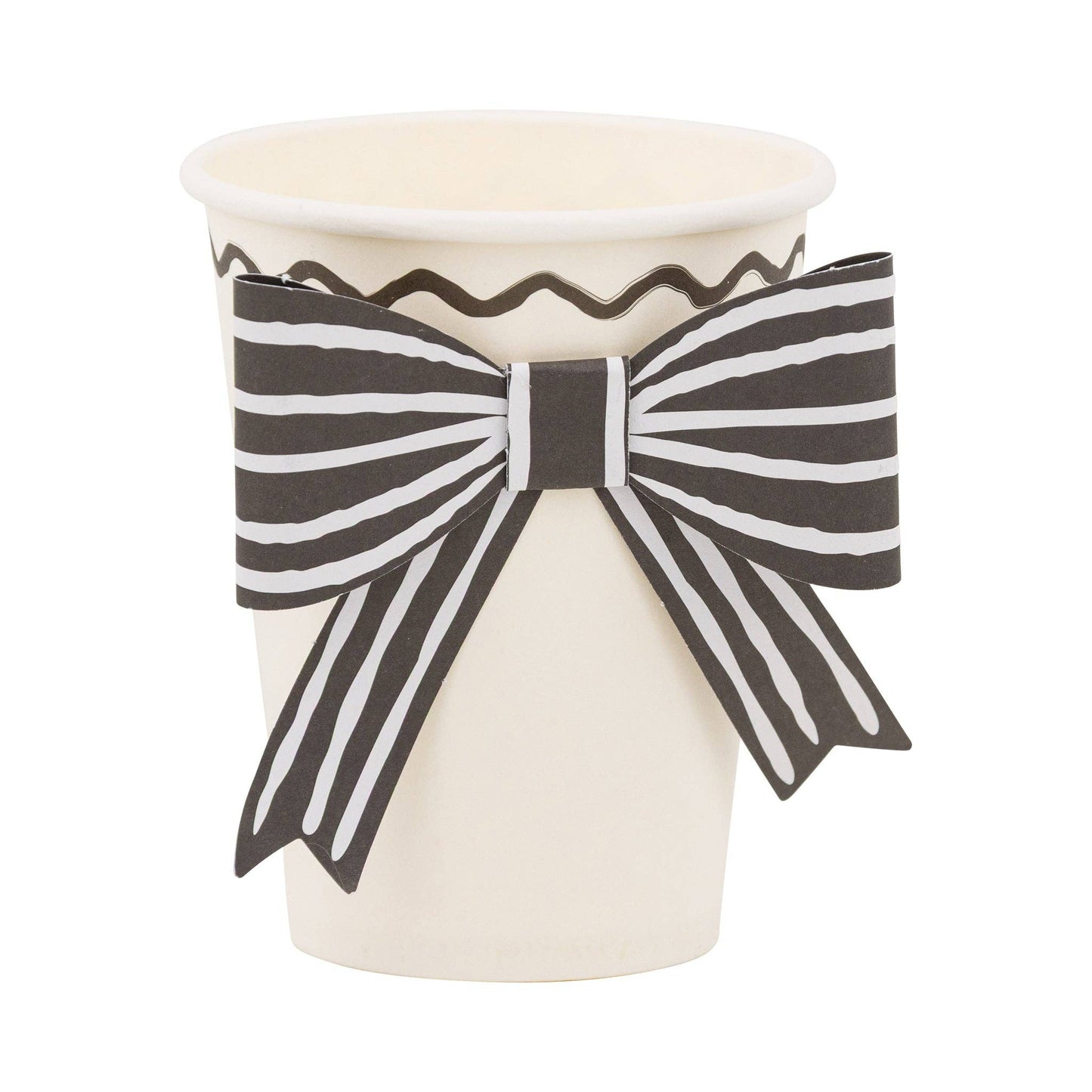 Cream cup with a black and white striped bow on a white background.