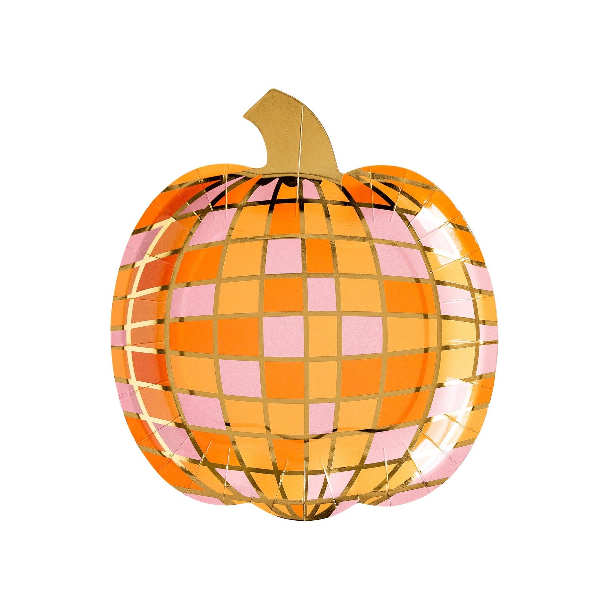 A paper plate designed in the shape of a pumpkin with a disco ball pattern in orange, pink, and yellow colors, with a gold foil stem.