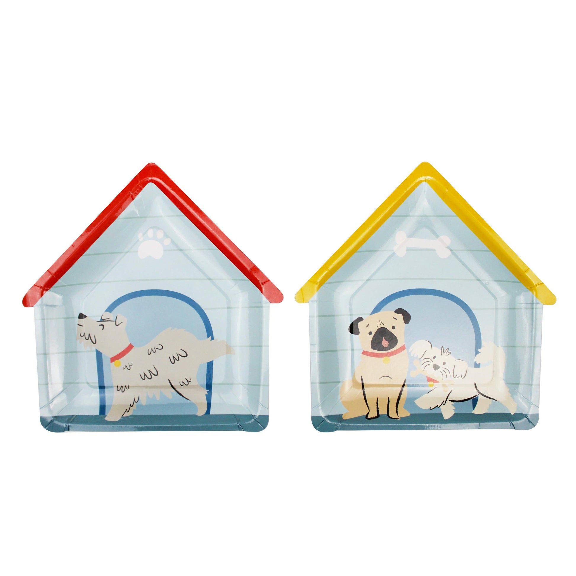 A set of paper plates designed with cartoon dogs and dog houses in multicolor patterns.