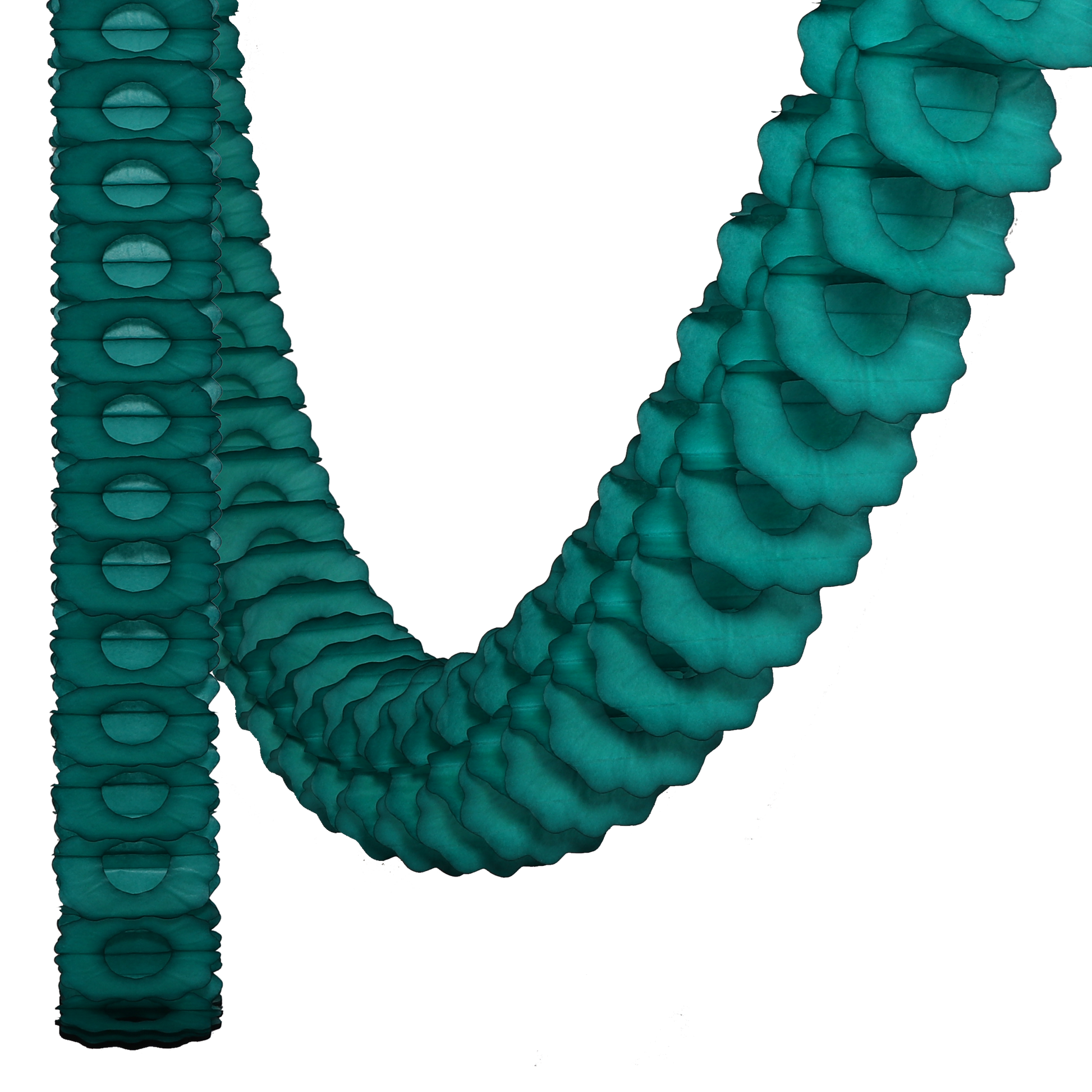 A close-up image of an emerald green classic garland streamer with a solid pattern and no discernible branding.