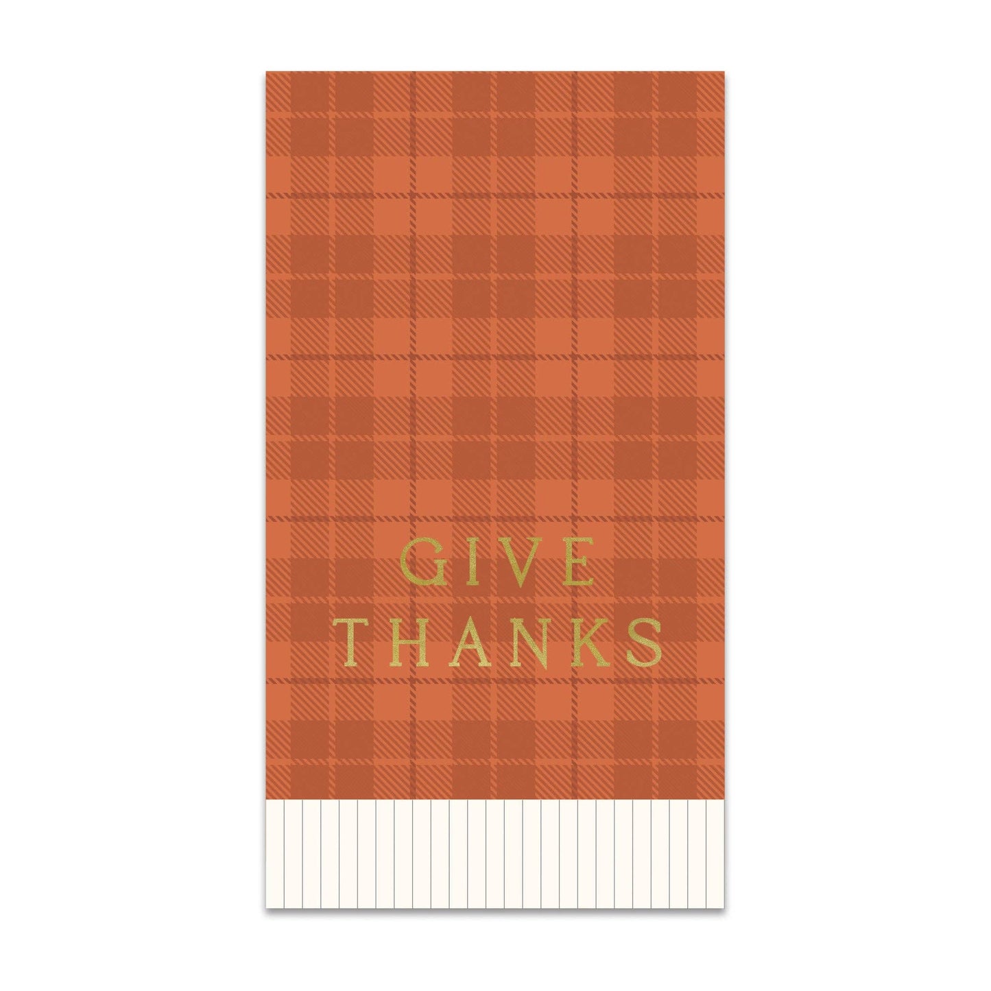 Orange Plaid guest towel napkin with 'Give Thanks' text and white fringe at the bottom.