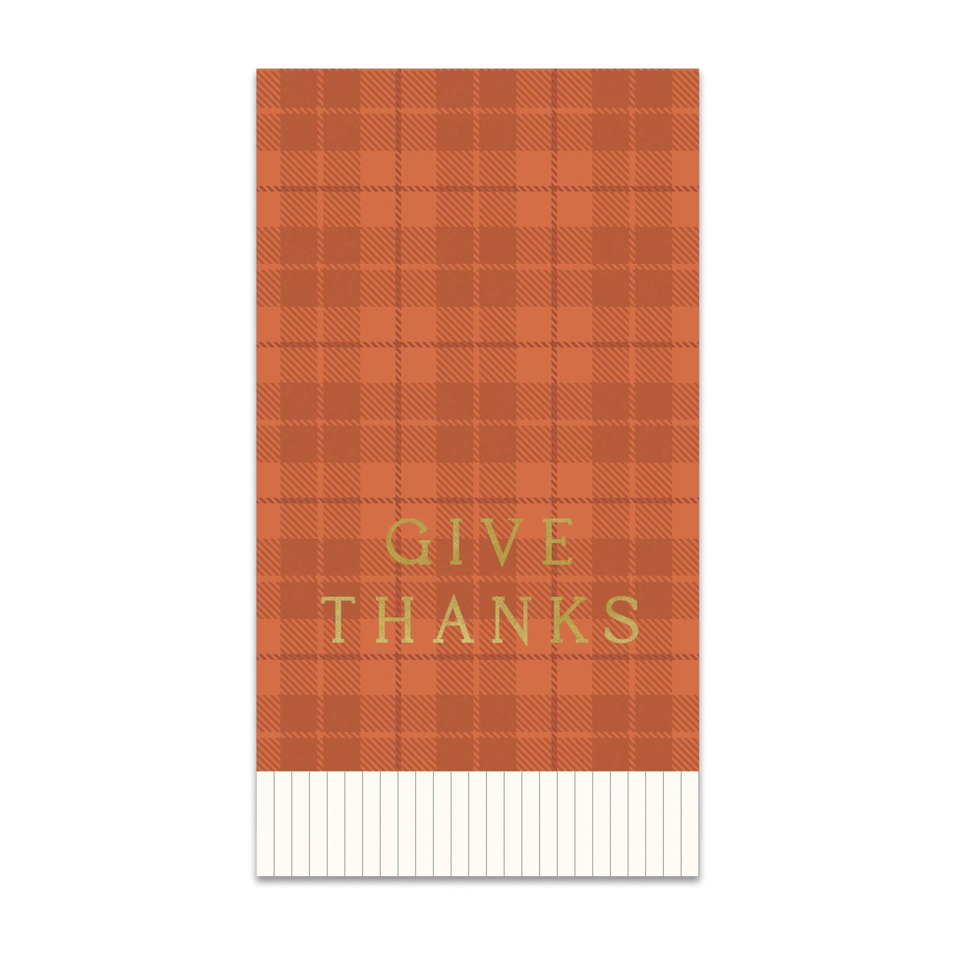 Orange Plaid guest towel napkin with 'Give Thanks' text and white fringe at the bottom.