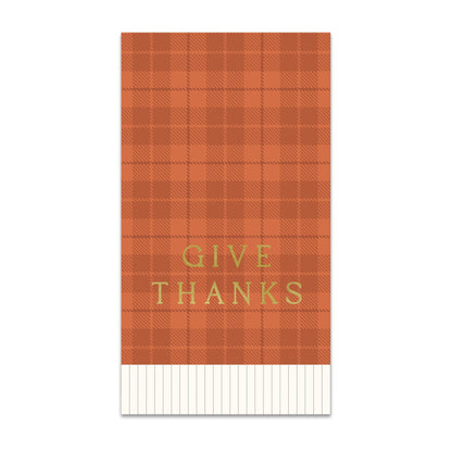 Orange Plaid guest towel napkin with 'Give Thanks' text and white fringe at the bottom.